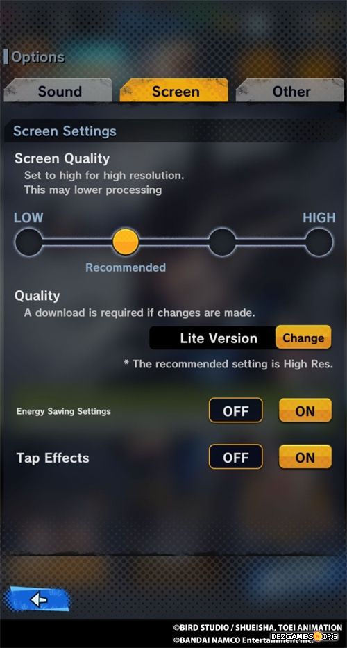 Dragon Ball Legends - Screen Options